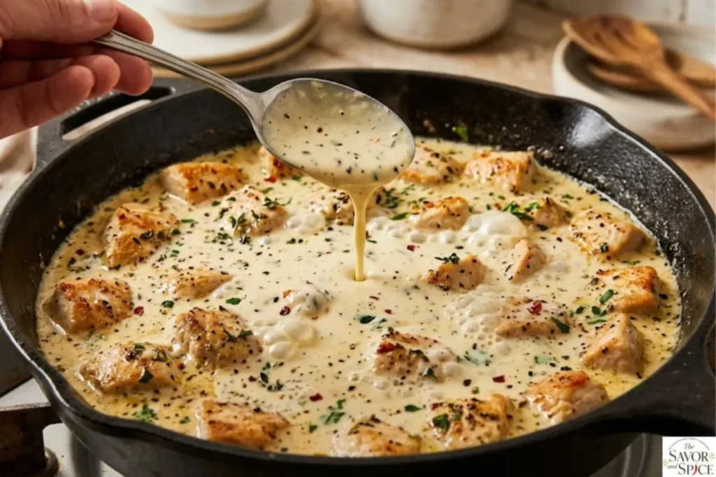 Combine everything and let it simmer to cook creamy chicken dinner.