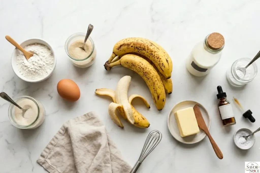 Ingredients for banana pancakes including flour, ripe bananas, eggs, milk, baking powder, sugar, and butter arranged on a kitchen counter.