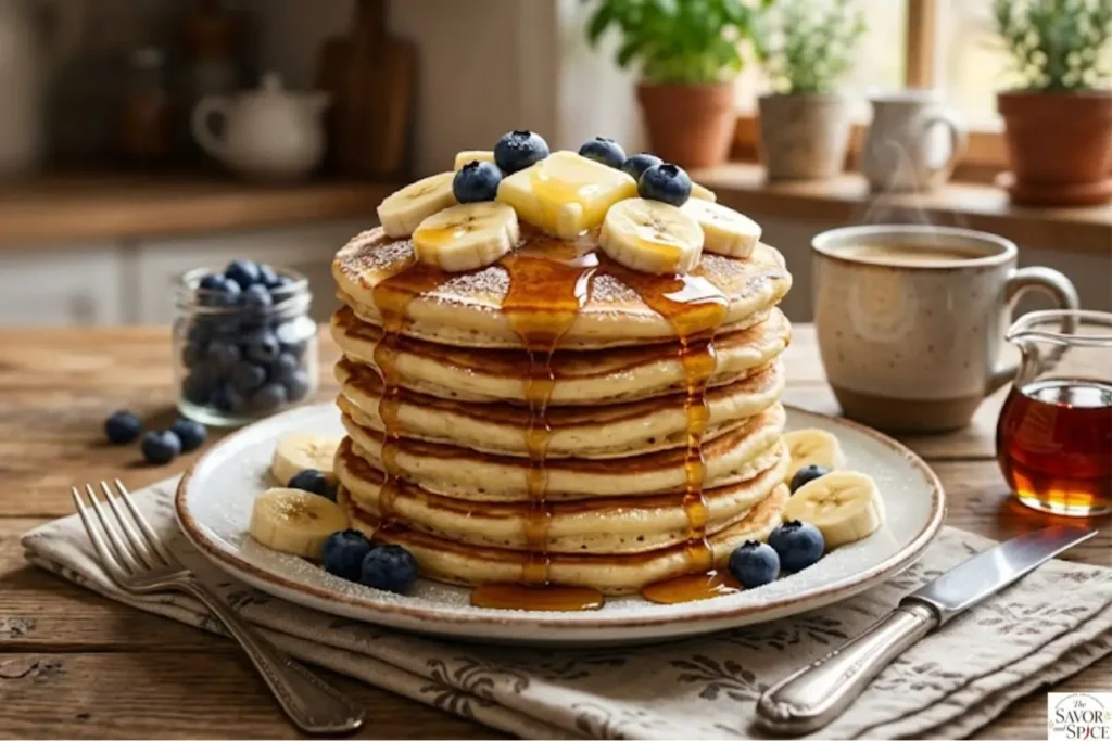Serving banana pancakes stacked on a plate topped with banana slices and maple syrup, ready to eat for breakfast