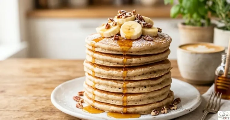Fluffy homemade banana pancakes stacked on a plate topped with sliced bananas and maple syrup.