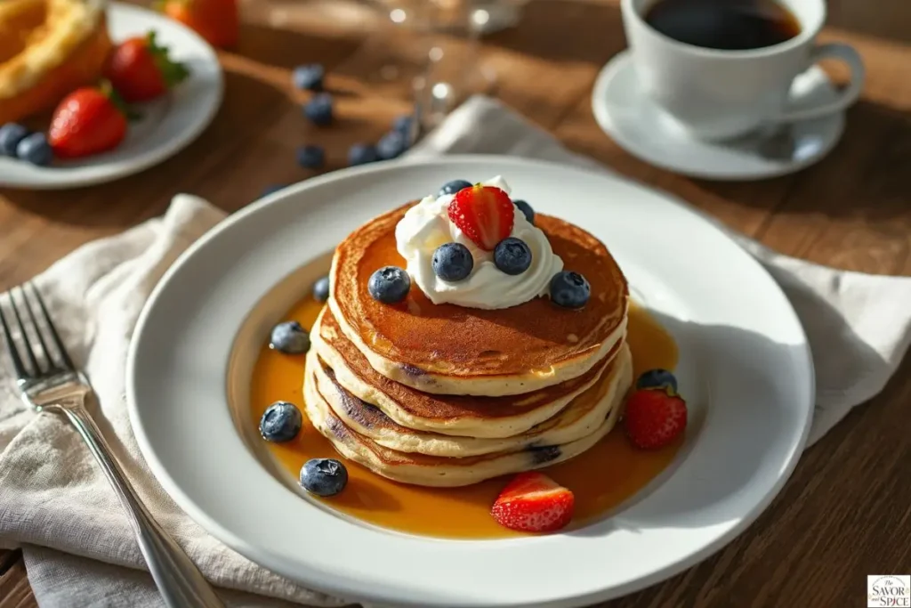 Blueberry pancakes served with maple syrup and fresh berries.
