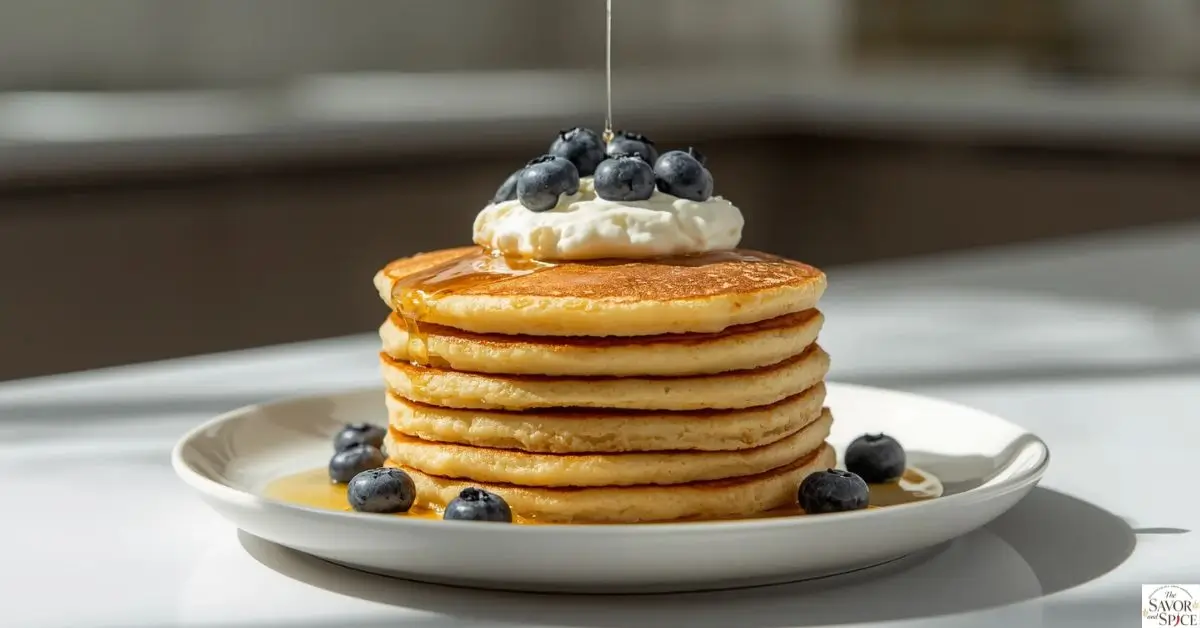 Fluffy protein pancakes recipe - stacked with Greek yogurt, blueberries, and honey on a white plate in natural morning light