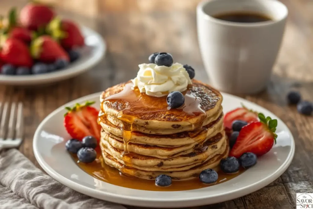 Fluffy chocolate chip pancakes served with maple syrup, fresh berries, and whipped cream.