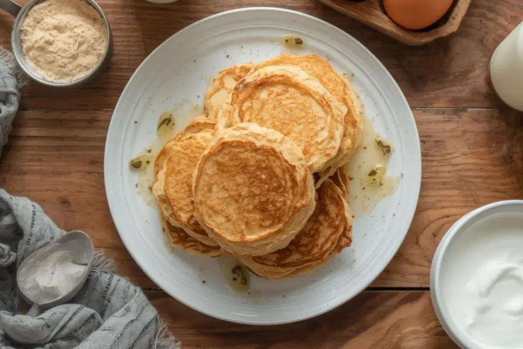 Healthy protein pancakes served in a ceramic plate
