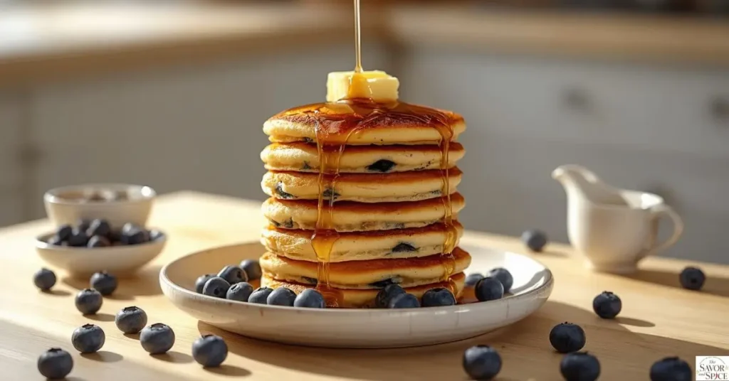 Fluffy blueberry pancakes recipe topped with butter, maple syrup, and fresh blueberries on a white plate.