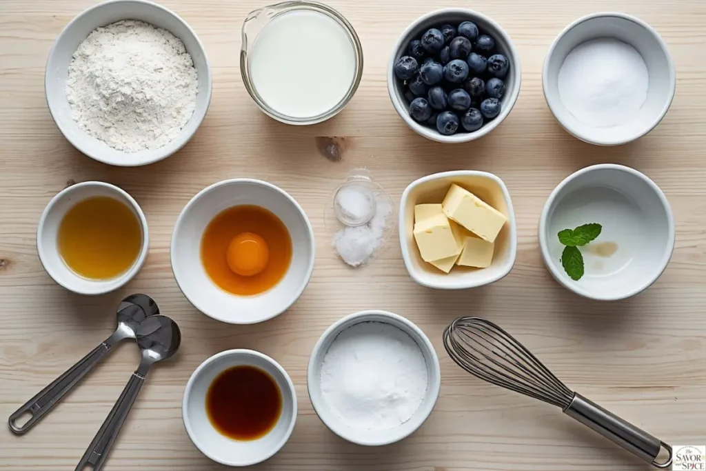 Ingredients needed to make homemade blueberry pancakes.