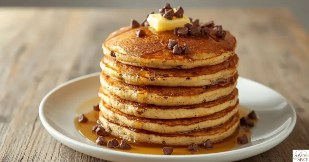 Stack of fluffy homemade chocolate chip pancakes topped with butter, maple syrup, and melted chocolate chips.