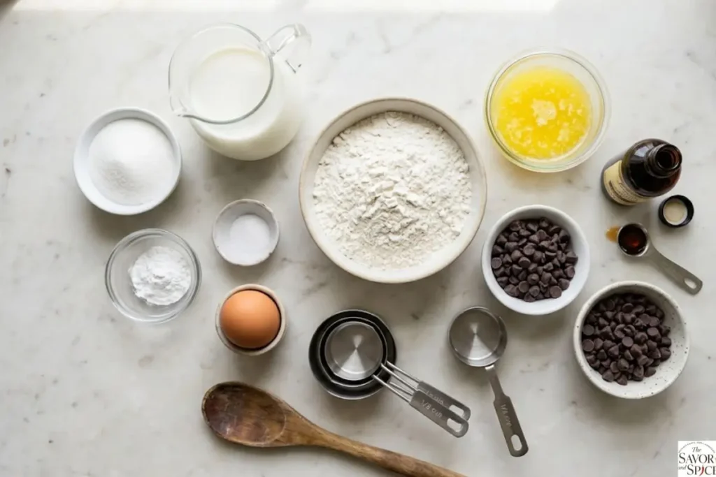 Ingredients needed to make homemade chocolate chip pancakes are arranged on a marble countertop.