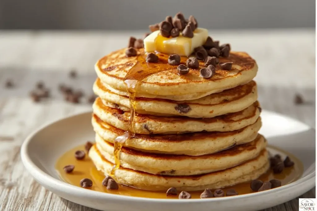 Fluffy chocolate chip pancakes served with maple syrup, butter and whipped cream.