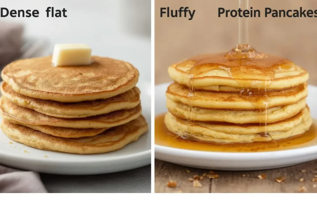 Flat dry pancakes vs fluffy pancakes comparison showing why are my pancakes flat and how to make them fluffy