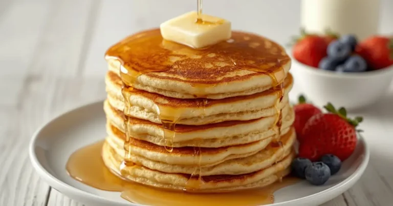 Fluffy buttermilk pancakes stacked on a plate with butter and syrup, soft and golden breakfast recipe