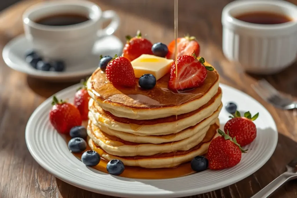 Homemade Classic pancakes served with maple syrup and fresh berries.
