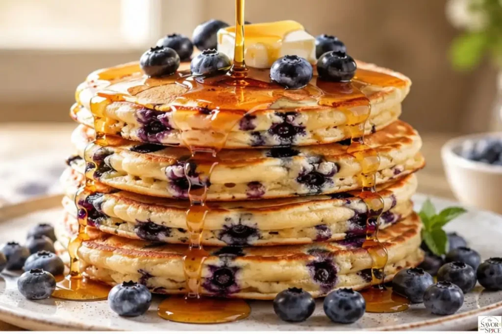 Fluffy blueberry pancakes topped with butter, maple syrup, and fresh blueberries.