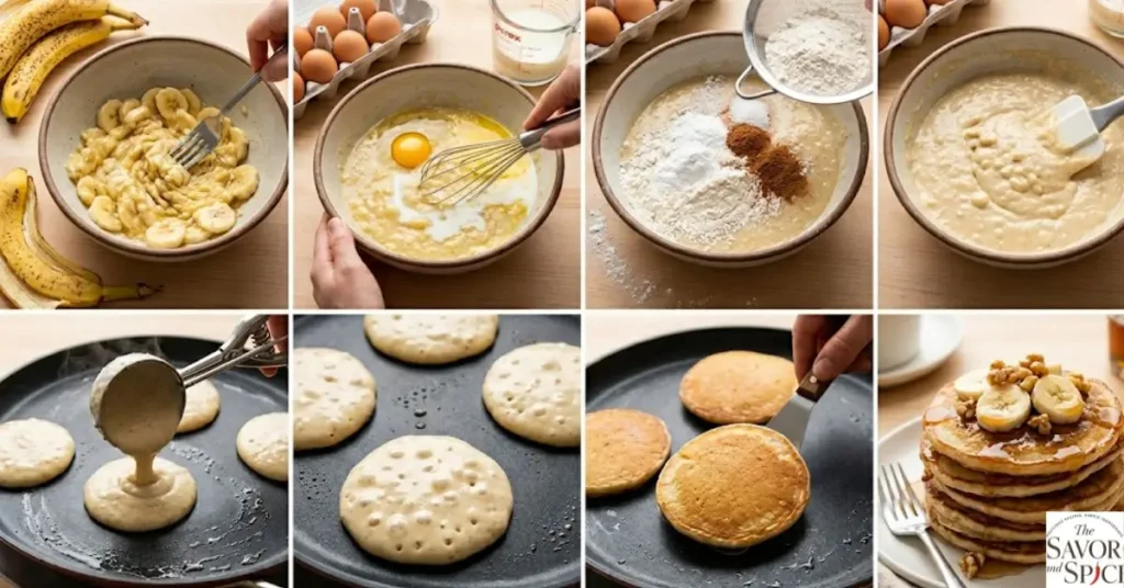 Step-by-step process of how to make banana pancakes showing mixing batter, pouring onto pan, flipping pancakes, and serving stacked pancakes.