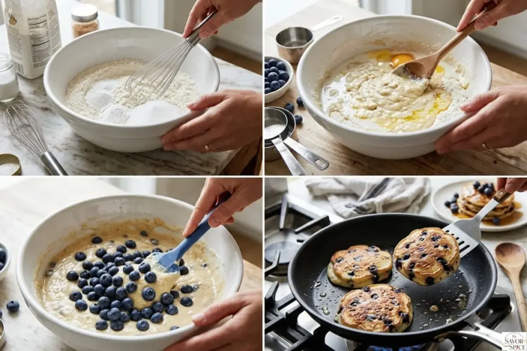 Step-by-step collage showing how to make blueberry pancakes.