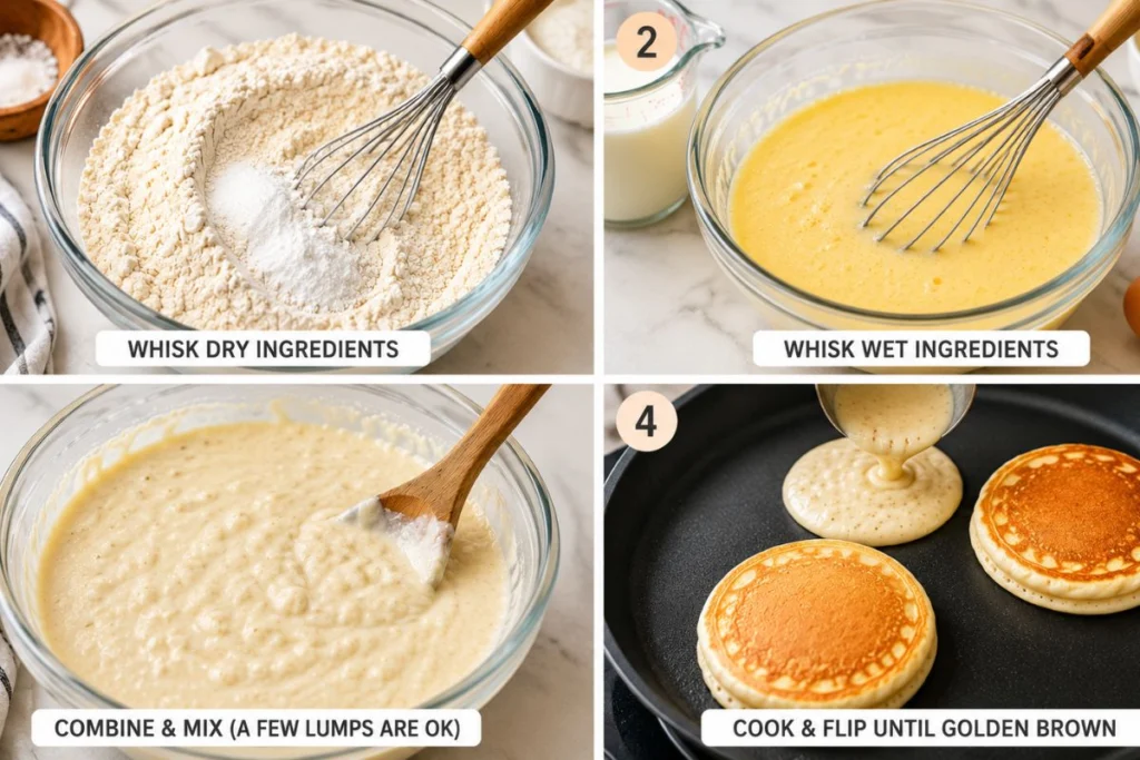 step-by-step collage showing the process of making fluffy buttermilk pancakes..