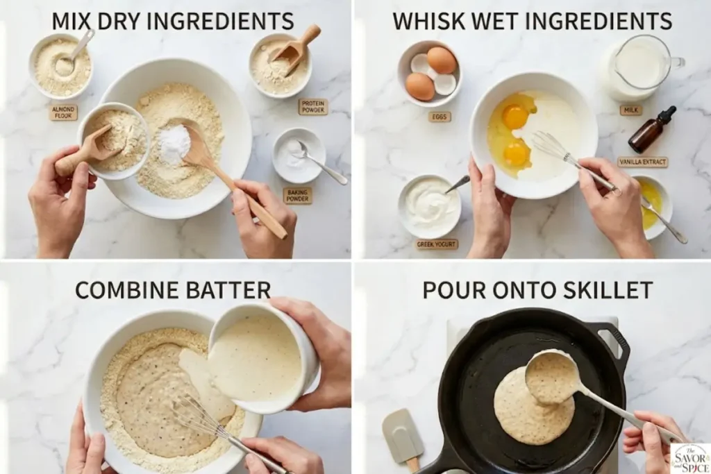 Step-by-step process of making protein pancake batter from mixing to cooking on pan