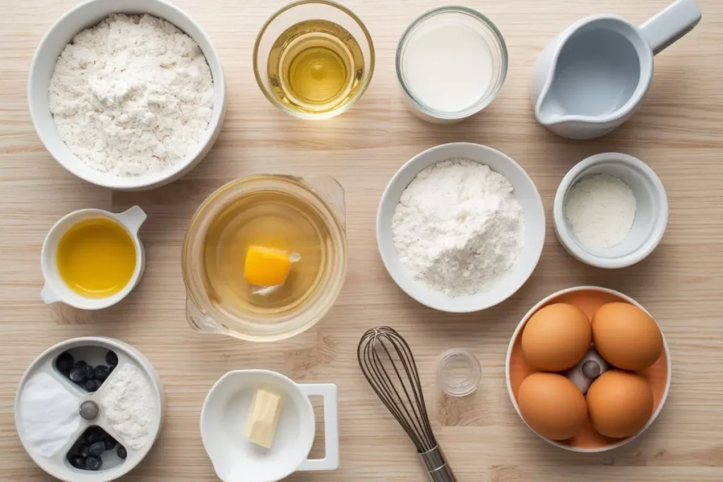 Ingredients required for the classic pancakes recipe are arranged neatly on the table.