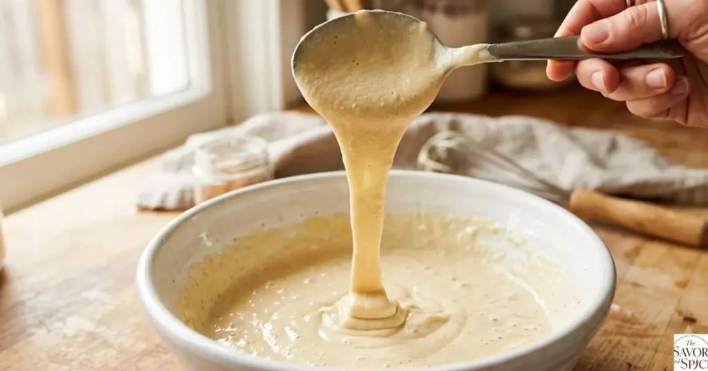 Pancake batter consistency ribbon test showing correct thickness for fluffy pancakes.