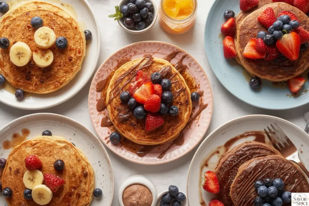 Different protein pancake variations including banana, blueberry, and chocolate pancakes