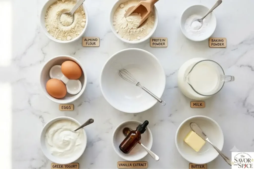 Protein pancake ingredients including flour, eggs, milk, yogurt, and protein powder arranged on marble surface