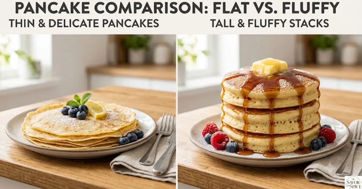 Flat pancakes vs fluffy pancakes comparison showing why pancakes are flat and how to make them fluffy