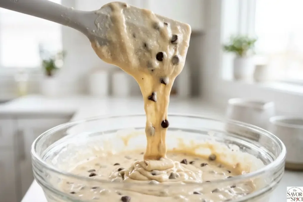 Thick but pourable chocolate chip pancake batter showing the perfect consistency.