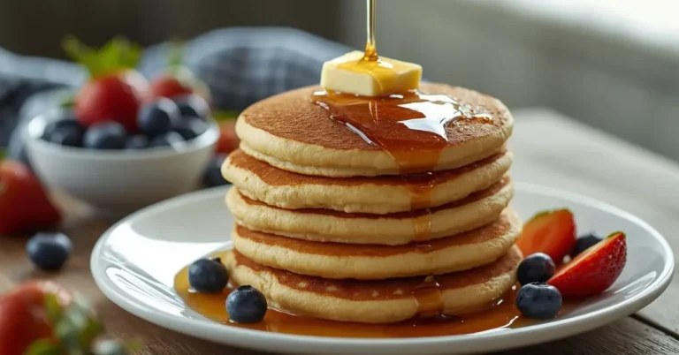 Fluffy classic pancakes recipe served with butter, maple syrup, and fresh berries.