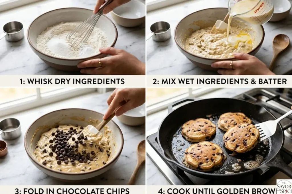 Step-by-step collage showing how to make fluffy chocolate chip pancakes from scratch.