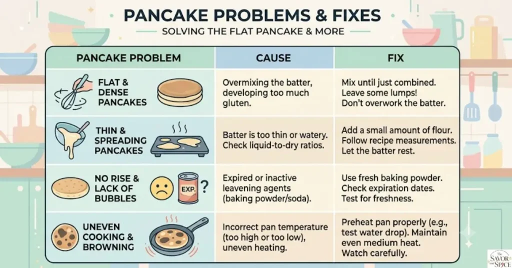 Quick problem solutions guide for why pancakes are flat, showing causes and fixes for pancake problems