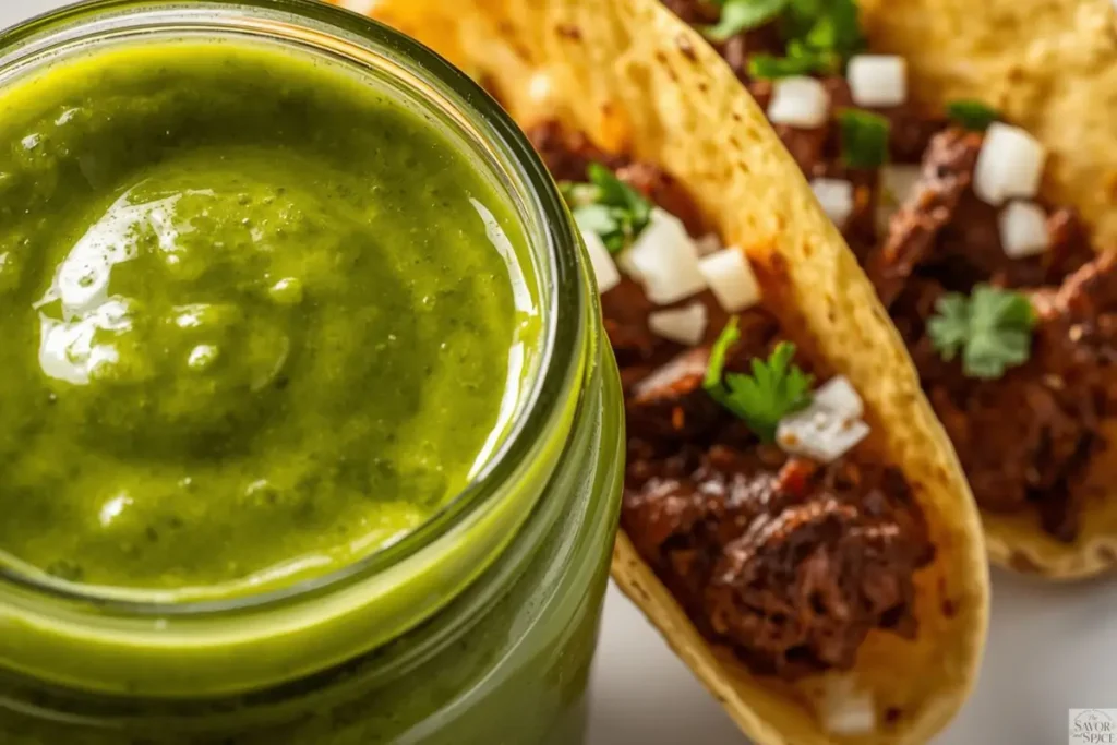 Green Mexican taco sauce served with juicy tacos.