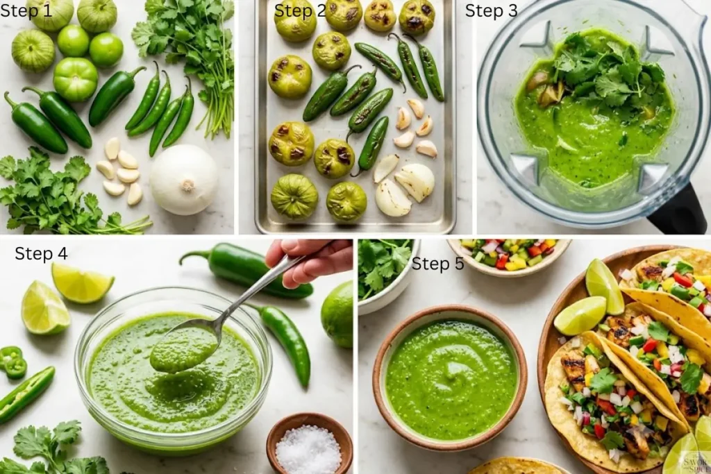 Step-by-step process for making Mexican green taco sauce from preparing and roasting ingredients to blending and serving