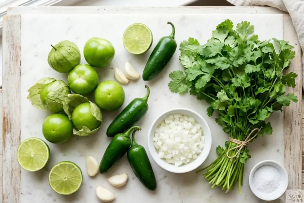 Ingredients for Mexican green taco sauce with tomatillos, jalapeños, cilantro, lime, garlic, onion, and salt