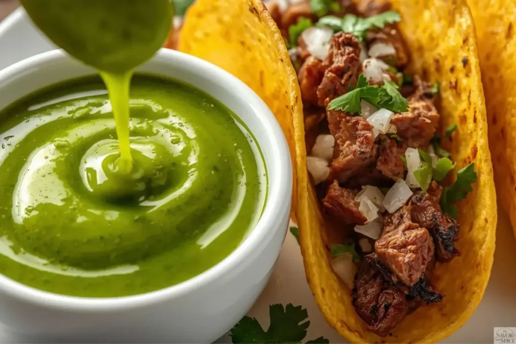 homemade green Mexican taco sauce served alongside juicy carne asada tacos with fresh cilantro and onion.