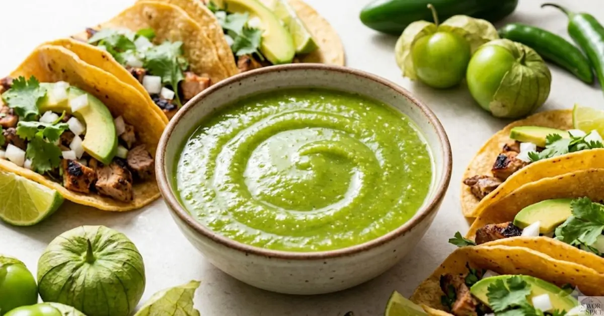 Mexican green taco sauce served with juicy tacos, lime, cilantro, and fresh green chiles.