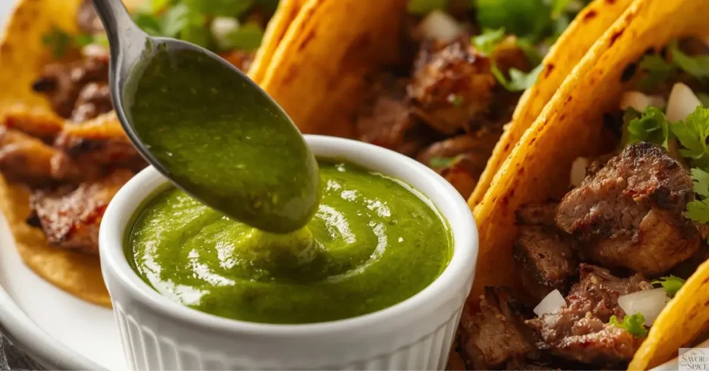Mexican green taco sauce served with juicy tacos, lime, cilantro, and fresh green chiles